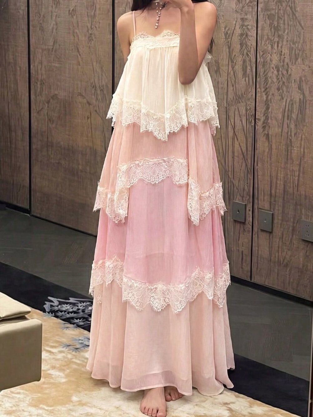 Multicolor Women's Party Contrast Lace Trim Tiered Maxi Dress - Picture 3 of 4